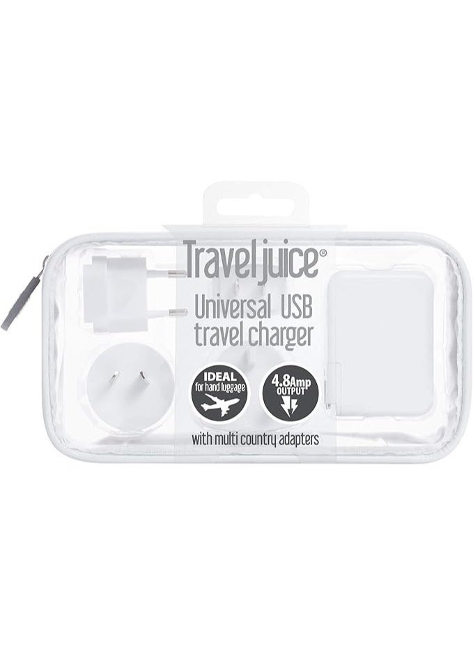 جوس محول السفر JUICE مع 4 منافذ USB وقوابس قابلة للتبديل للاستخدام حول العالم، بقدرة إخراج 4.8 أمبير – شاحن جداري عالمي لمناطق المملكة المتحدة، الاتحاد الأوروبي، الولايات المتحدة، وأستراليا – باللون الأبيض. - Image 2